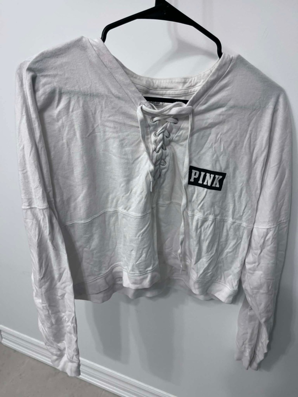 PINK Victoria's Secret White Lace-Up Cropped Sweatshirt